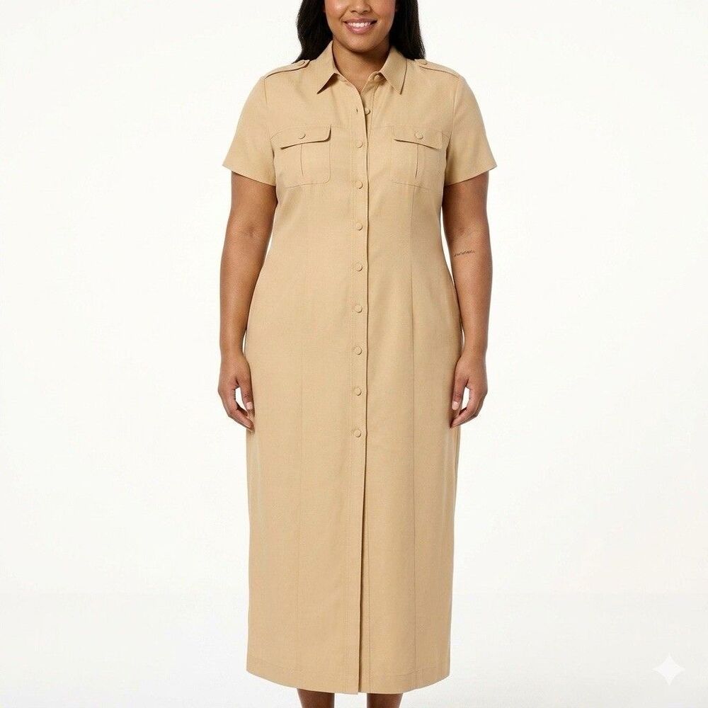 August Hale Shirt Dress Womens 10 Tan NWT Safari‎ Military Utility Classic Silk